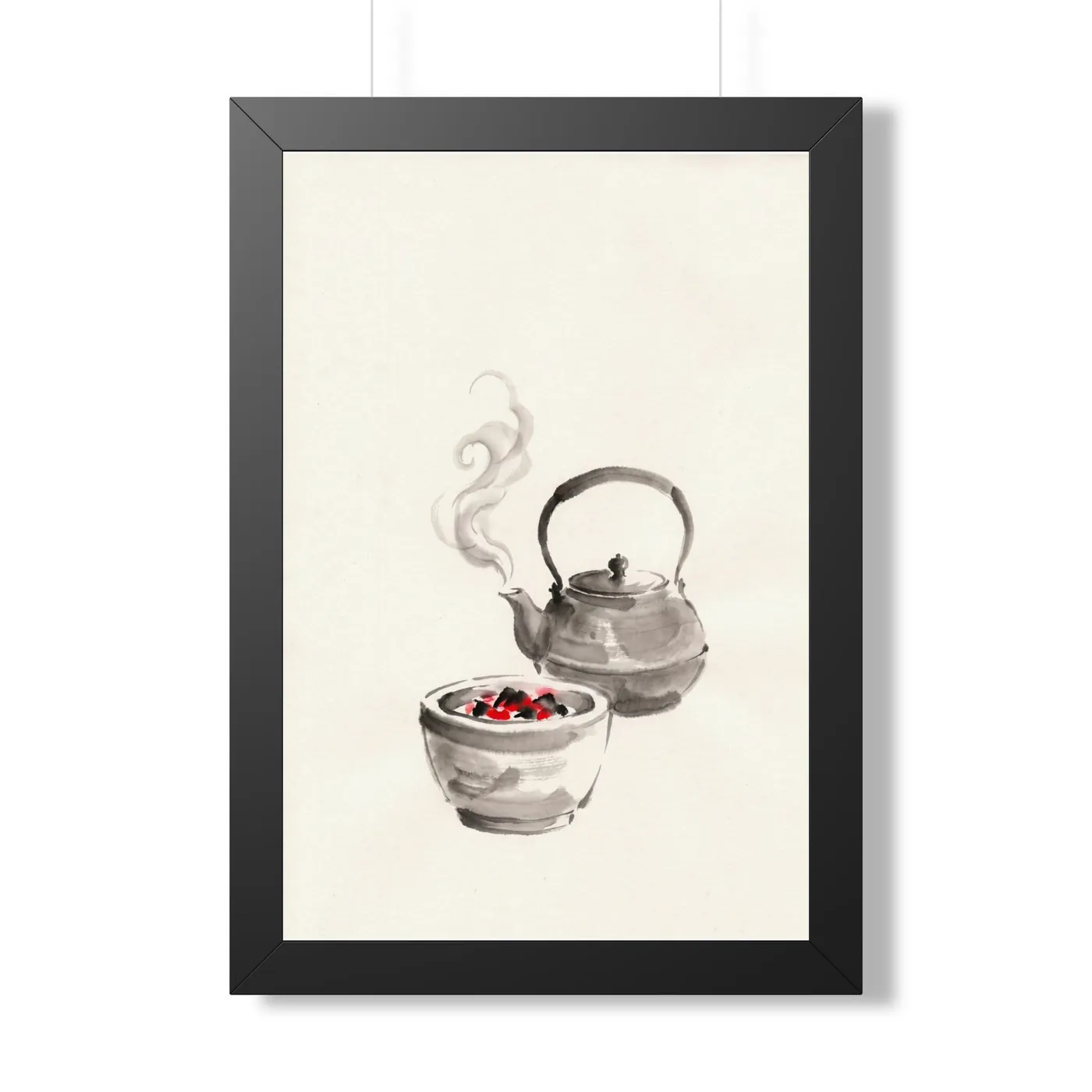 Framed Japanese Wall Art | Tea Ceremony Kettle Sumi-e Ink Print | Black and White Zen Decor | A1 Ready Poster Print
