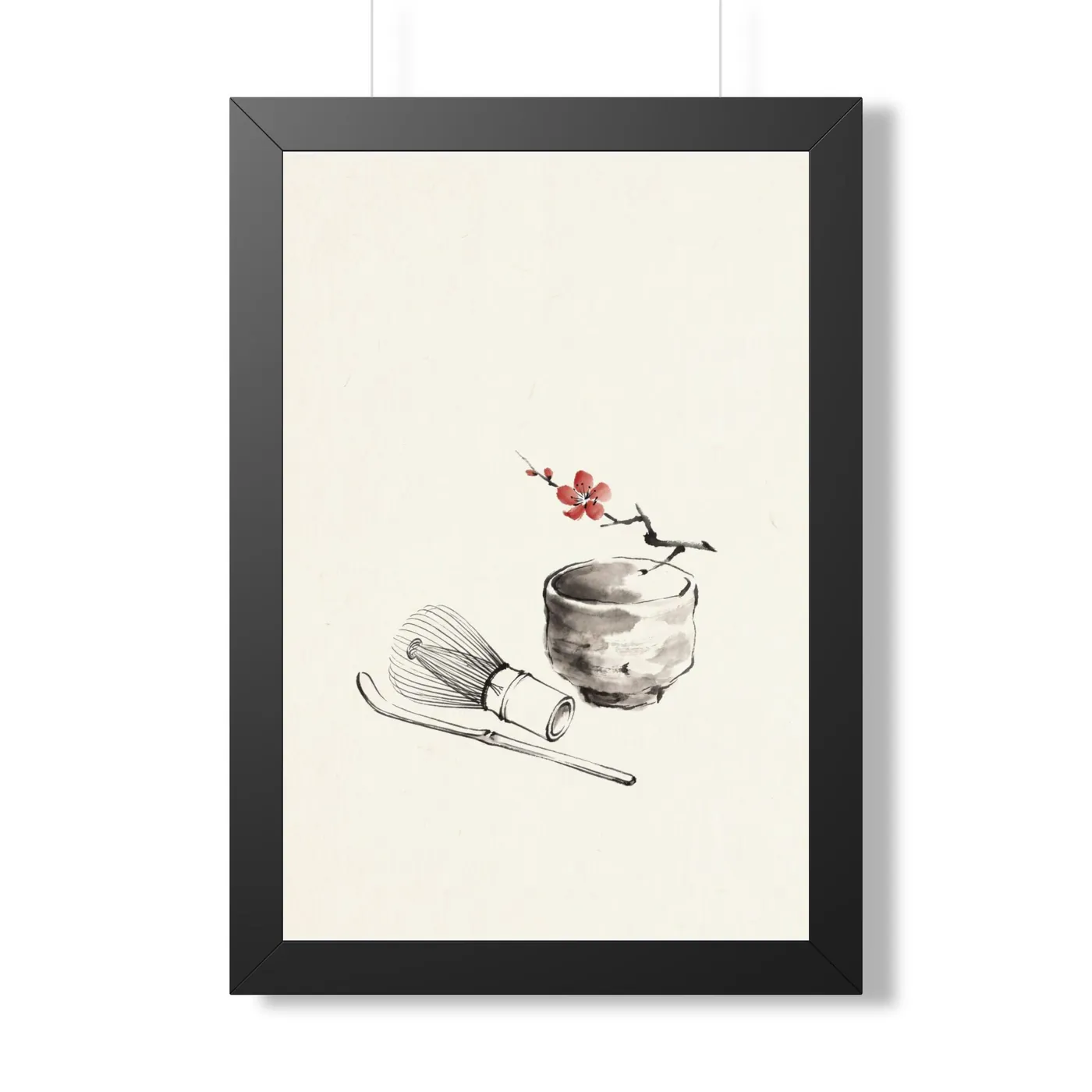Framed Japanese Wall Art | Tea Ceremony Whisk Sumi-e Ink Print | Black and White Zen Decor | A1 Ready Poster Print