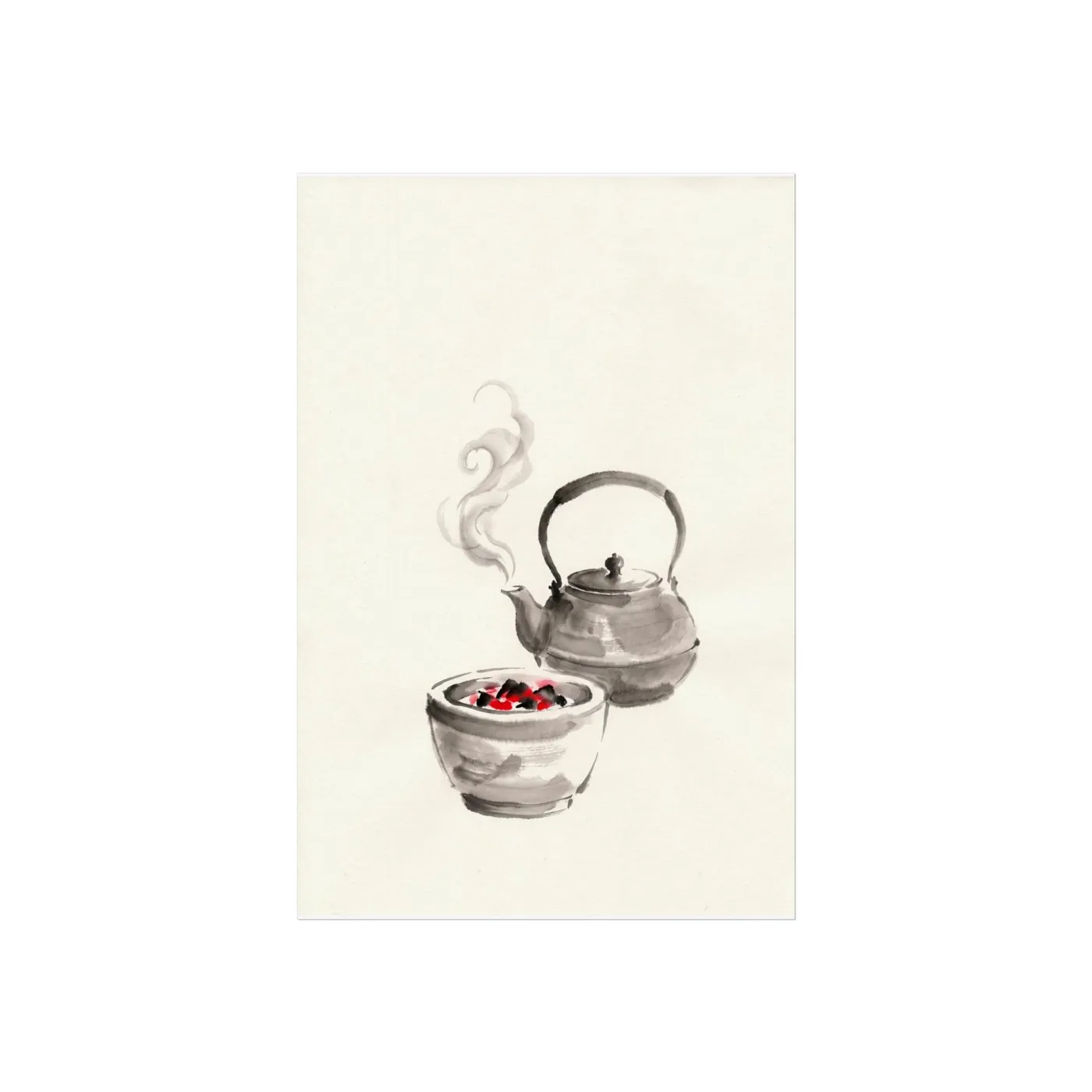 Japanese Wall Art | Kettle Tea Ceremony Sumi-e Ink Print | Black and White Zen Decor | A1 Ready Poster Print