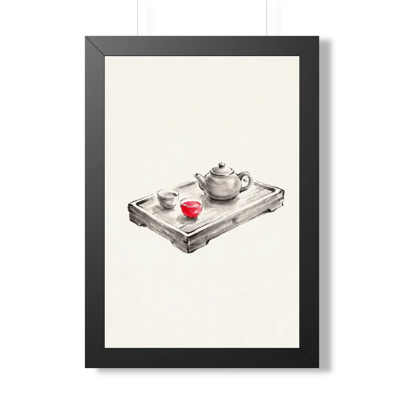 Framed Japanese Wall Art | Tea Ceremony Tray Sumi-e Ink Print | Black and White Zen Decor | A1 Ready Poster Print