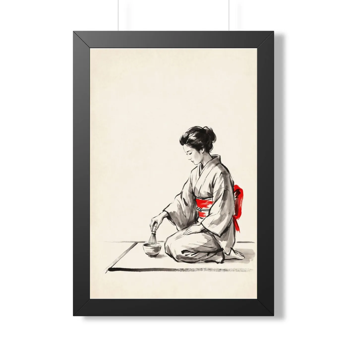 Framed Japanese Wall Art | Woman Tea Ceremony Sumi-e Ink Print | Black and White Zen Decor | A1 Ready Poster Print