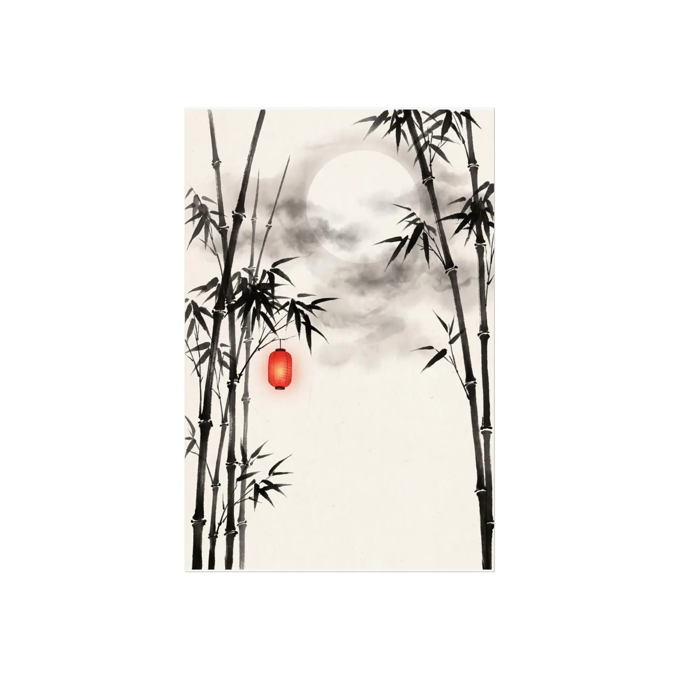 Botanical Wall Art | Serene Bamboo Moon Sumi-e Ink Print | Black and White Zen Decor | A1 Ready Poster Print