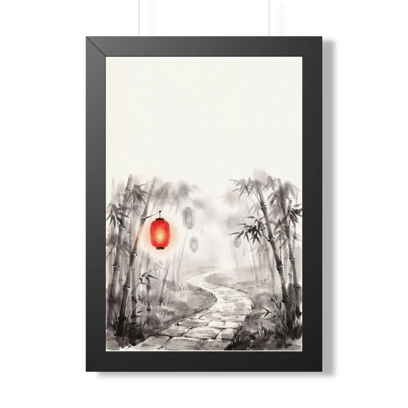 Framed Japanese Wall Art | Bamboo Lantern Path Sumi-e Ink Print | Black and White Zen Decor | A1 Ready Poster Print