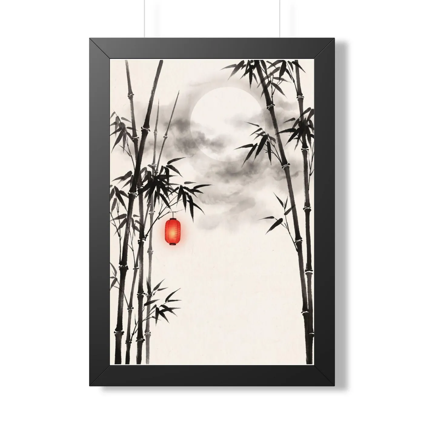 Framed Japanese Wall Art | Bamboo Moon Sumi-e Ink Print | Black and White Zen Decor | A1 Ready Poster Print