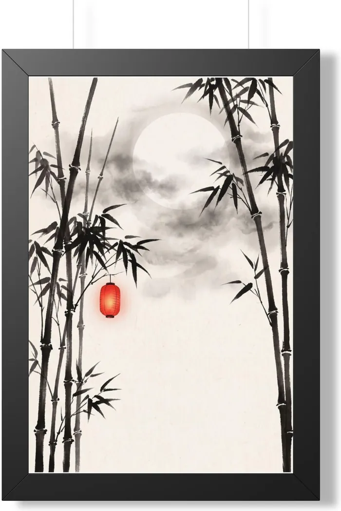 Framed Japanese Wall Art | Bamboo Moon Sumi-e Ink Print | Black and White Zen Decor | A1 Ready Poster Print