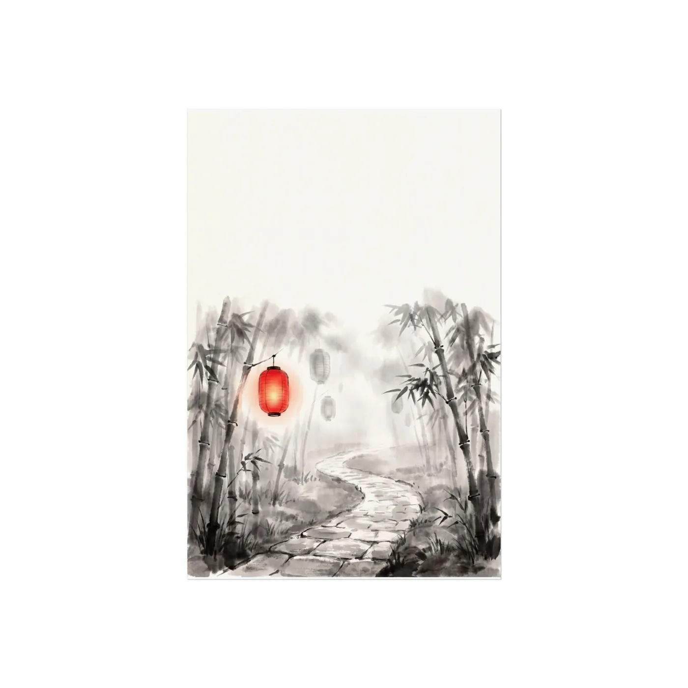 Botanical Wall Art | Bamboo Lantern Path Sumi-e Ink Print | Black and White Zen Decor | A1 Ready Poster Print