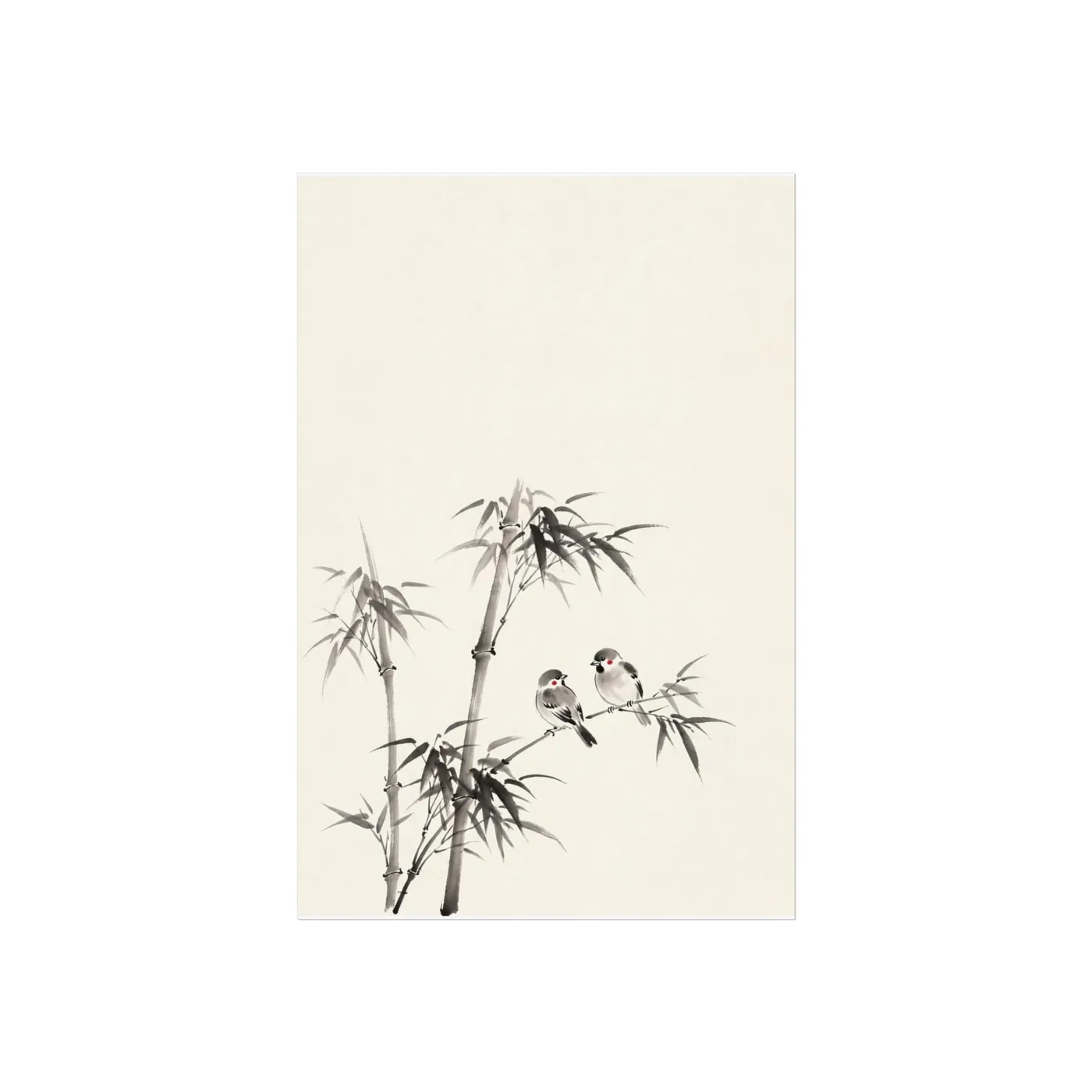Japanese Wall Art | Sparrow Bamboo Sumi-e Ink Print | Black and White Zen Decor | A1 Ready Poster Print | Living Room Decor