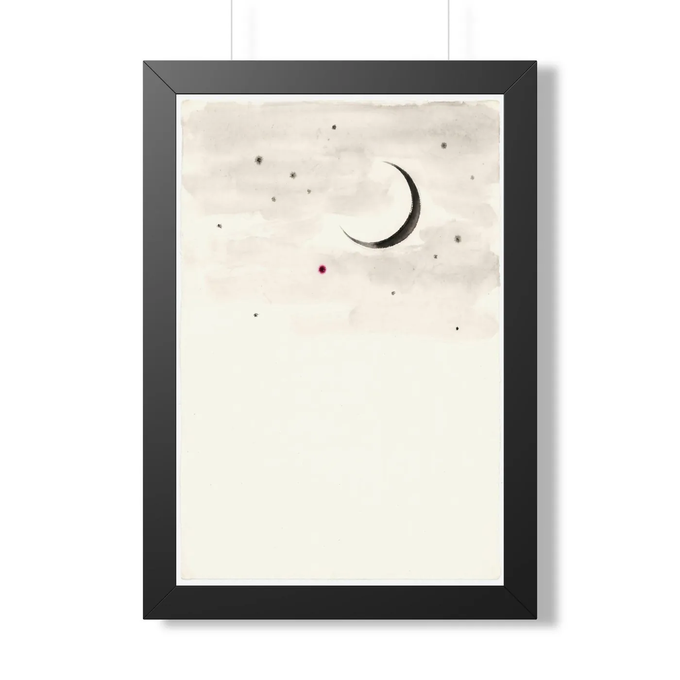 Framed Japanese Wall Art | Celestial Moon Crescent Stars Sumi-e Ink Print | Black and White Zen Decor | A1 Ready Poster Print