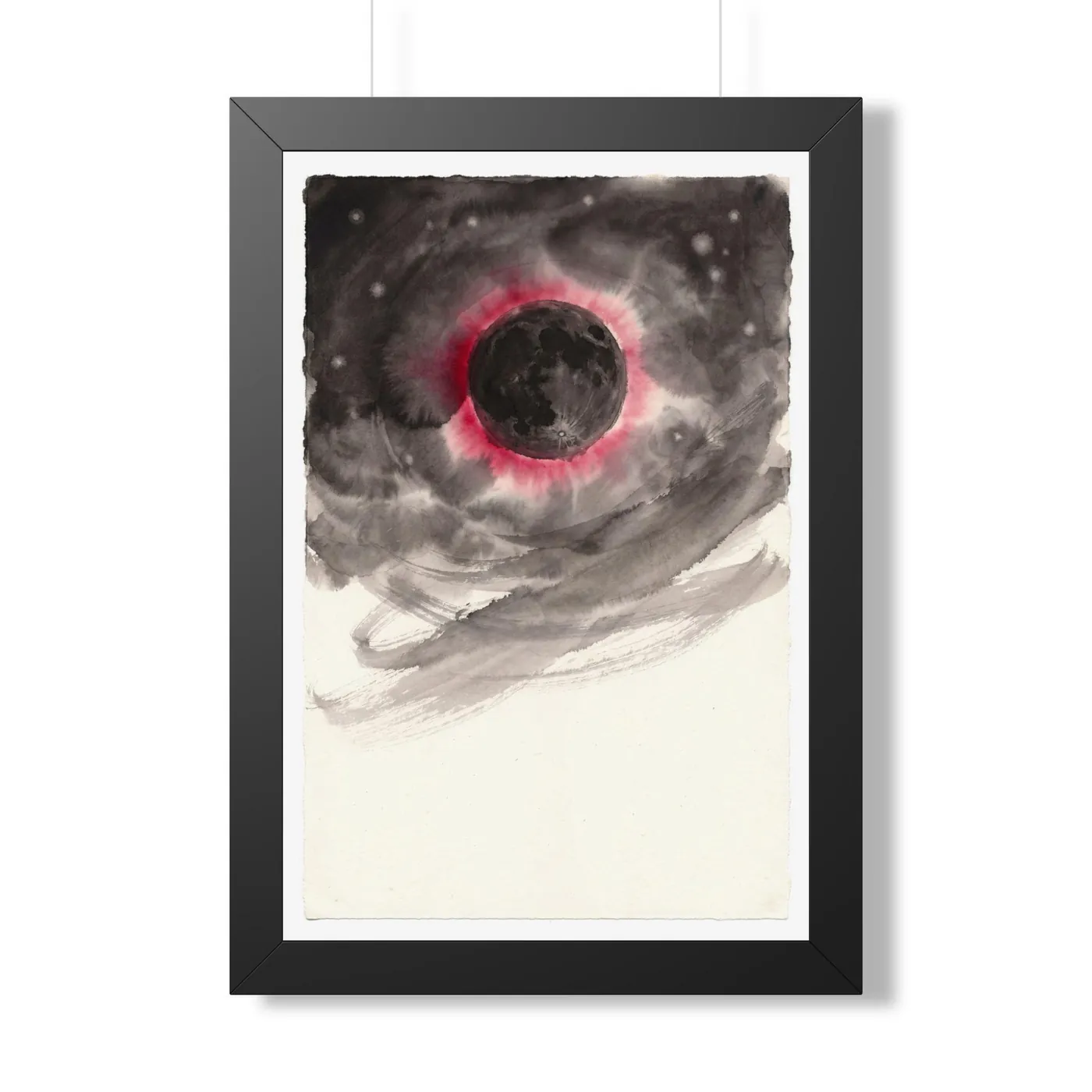 Framed Japanese Wall Art | Celestial Moon Eclipse Sumi-e Ink Print | Black and White Zen Decor | A1 Ready Poster Print