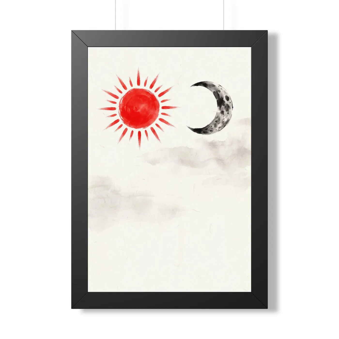 Framed Japanese Wall Art | Celestial Sun Moon Sumi-e Ink Print | Black and White Zen Decor | A1 Ready Poster Print