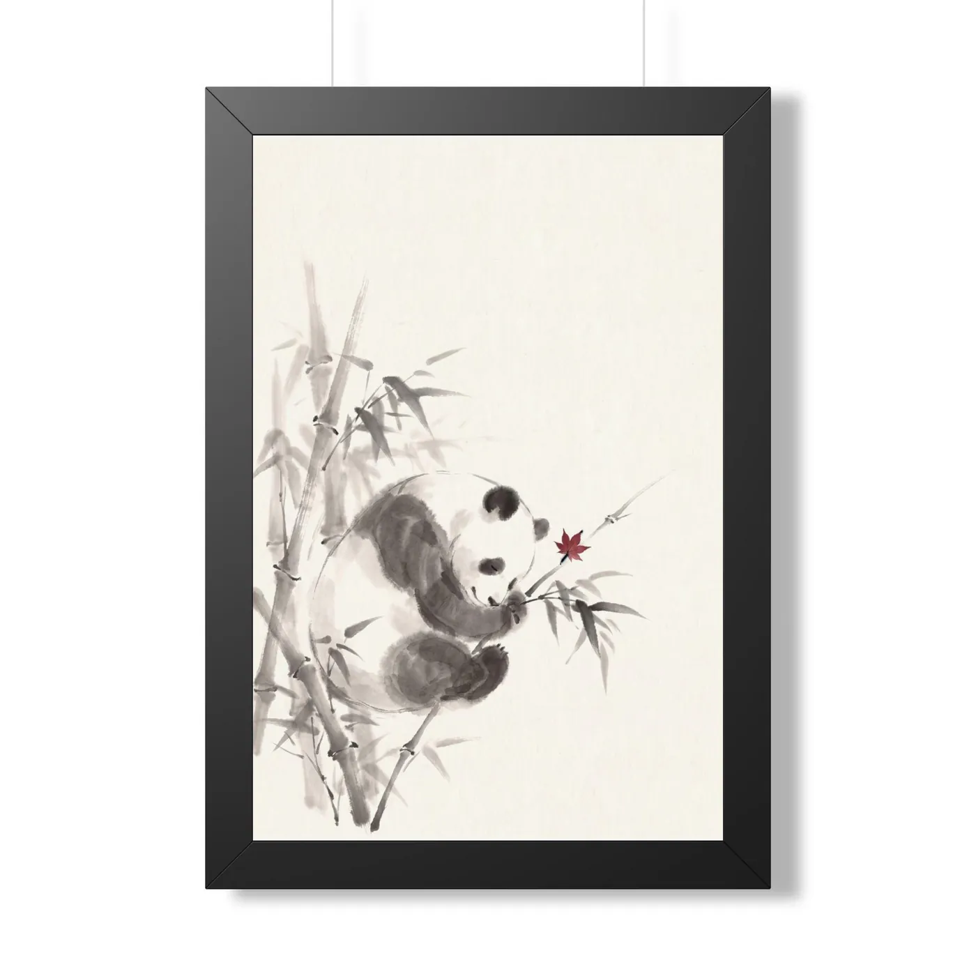 Framed Japanese Wall Art | Bamboo Panda Sumi-e Ink Print | Black and White Zen Decor | A1 Ready Poster Print