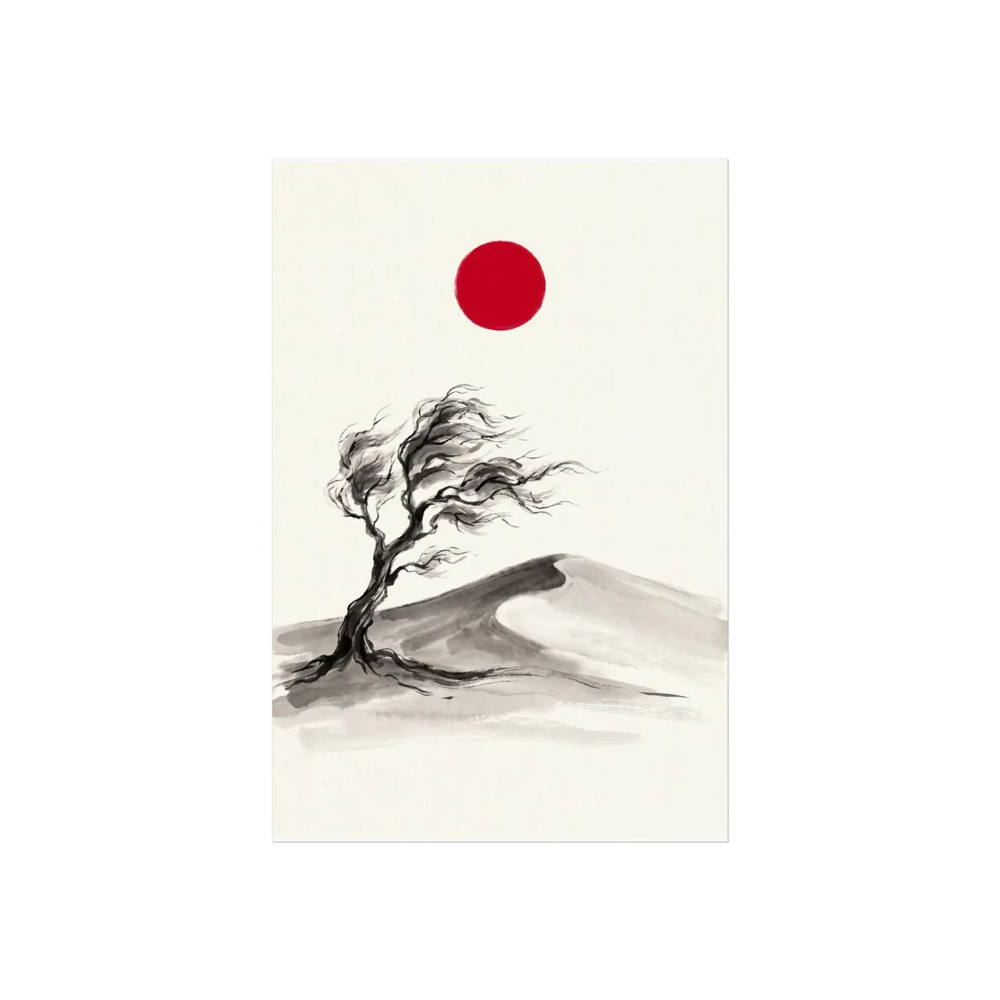 Japanese Landscape Art | Desert Dunes Lone Tree Sumi-e Ink Print | Black and White Zen Decor | A1 Ready Poster Print