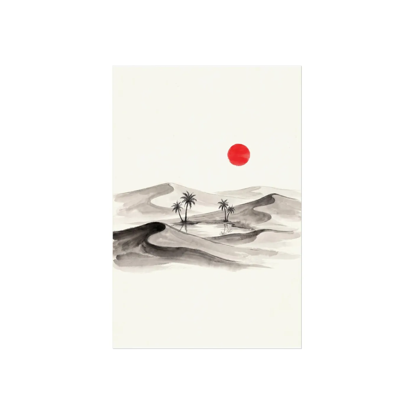 Japanese Landscape Art | Desert Dunes Oasis Sumi-e Ink Print | Black and White Zen Decor | A1 Ready Poster Print