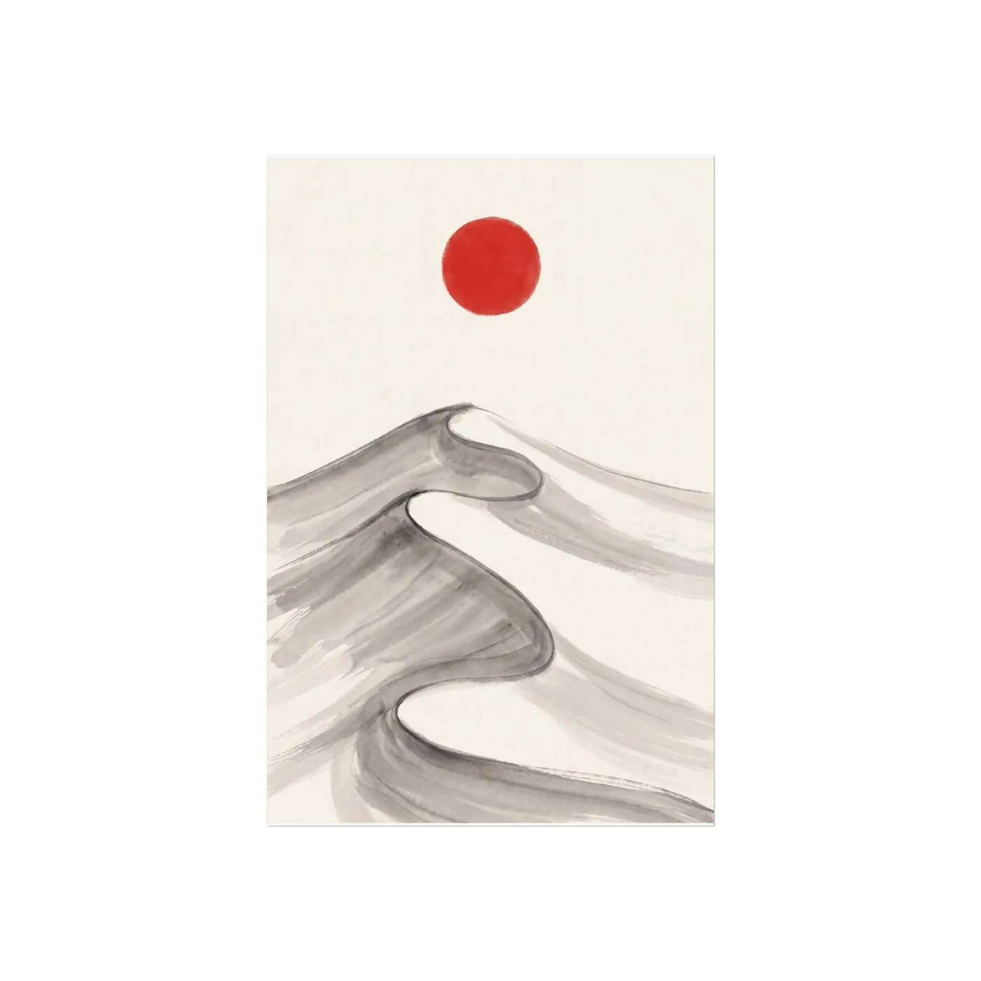 Japanese Landscape Art | Desert Dunes Red Sun Sumi-e Ink Print | Black and White Zen Decor | A1 Ready Poster Print