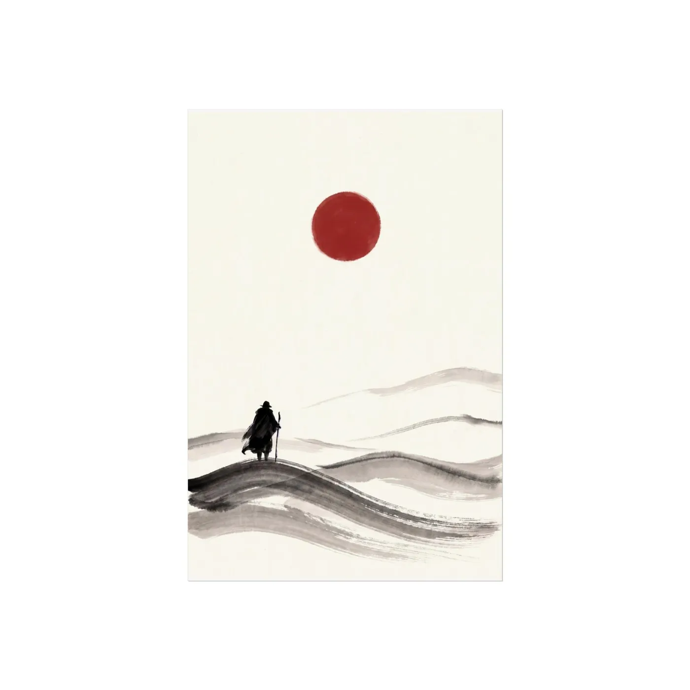 Japanese Landscape Art | Desert Dunes Traveler Sumi-e Ink Print | Black and White Zen Decor | A1 Ready Poster Print