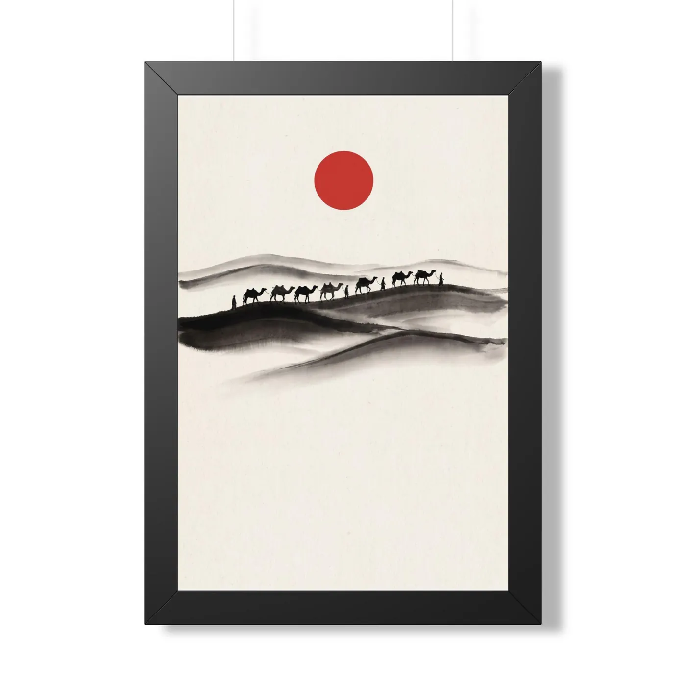 Framed Japanese Wall Art | Desert Dunes Caravan Sumi-e Ink Print | Black and White Zen Decor | A1 Ready Poster Print