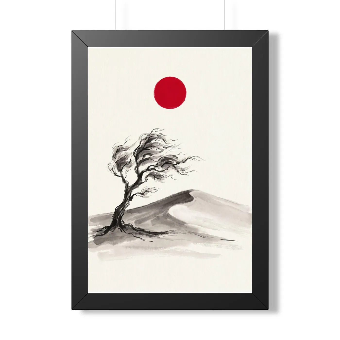 Framed Japanese Wall Art | Desert Dunes Lone Tree Sumi-e Ink Print | Black and White Zen Decor | A1 Ready Poster Print