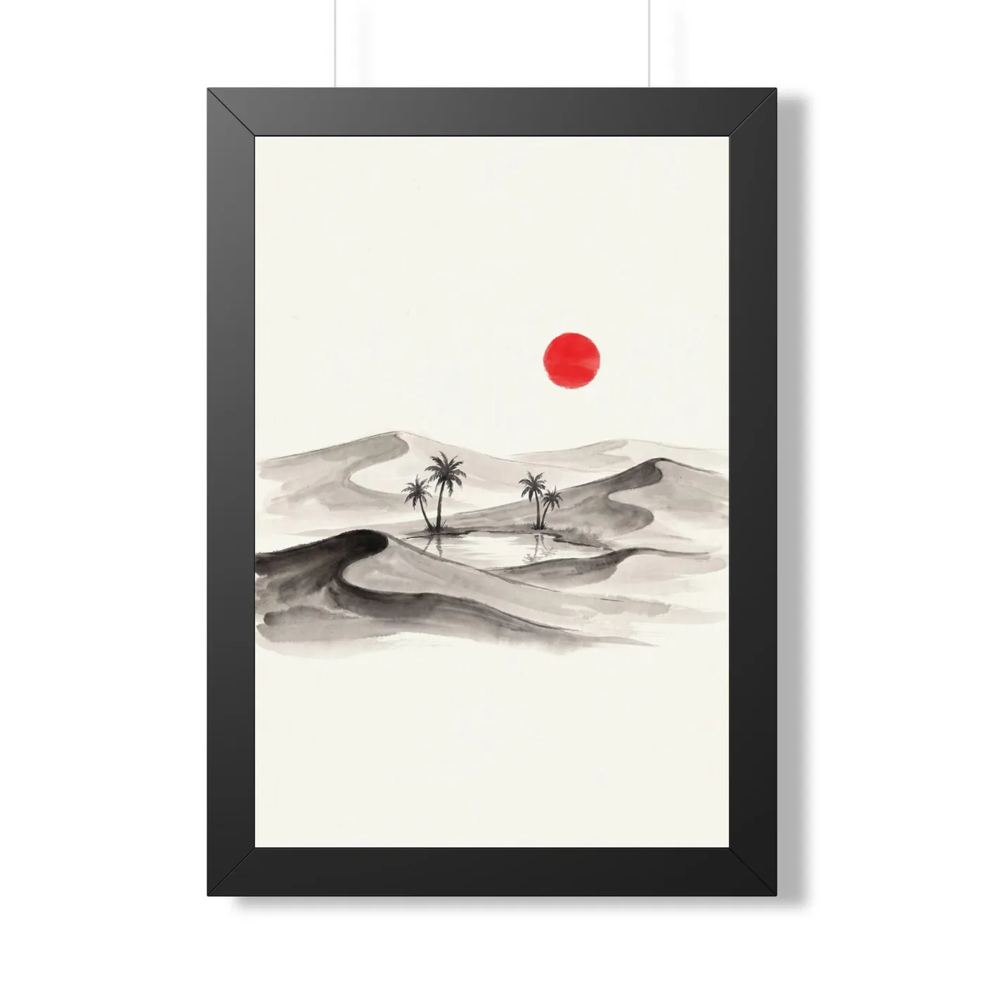 Framed Japanese Wall Art | Desert Dunes Oasis Sumi-e Ink Print | Black and White Zen Decor | A1 Ready Poster Print