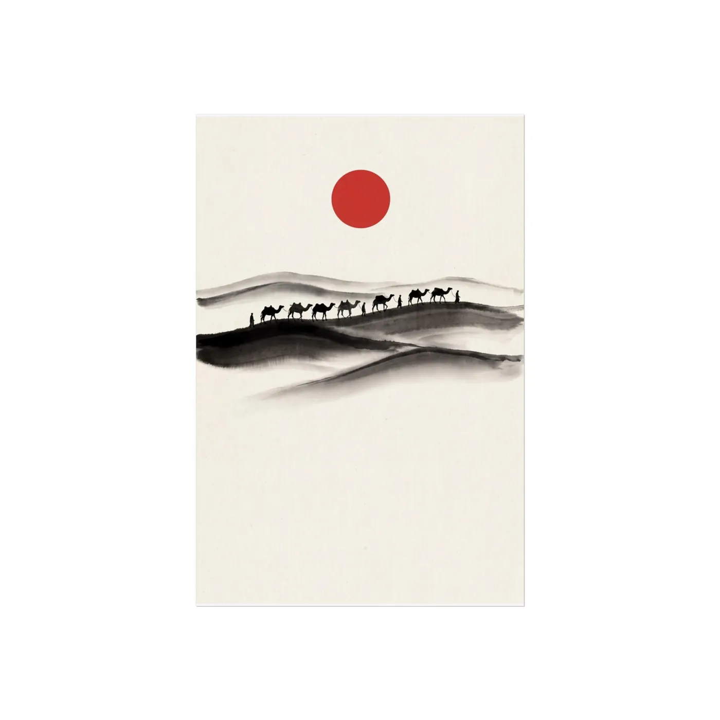 Japanese Landscape Art | Desert Dunes Caravan Sumi-e Ink Print | Black and White Zen Decor | A1 Ready Poster Print