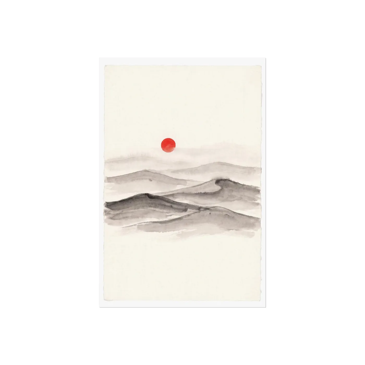 Japanese Landscape Art | Desert Dunes Layered Ridges Sumi-e Ink Print | Black and White Zen Decor | A1 Ready Poster Print