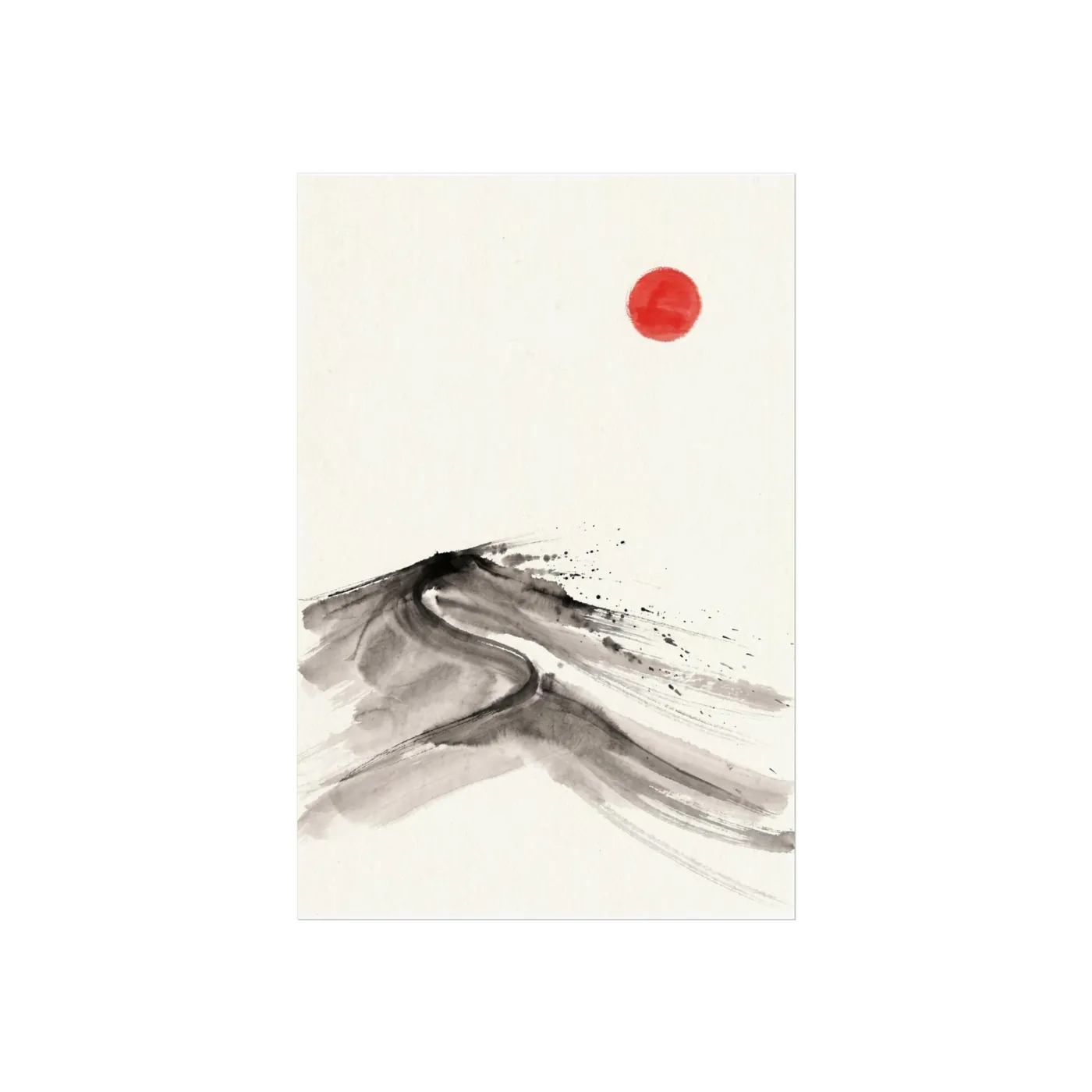 Japanese Landscape Art | Desert Dunes Windswept Sumi-e Ink Print | Black and White Zen Decor | A1 Ready Poster Print