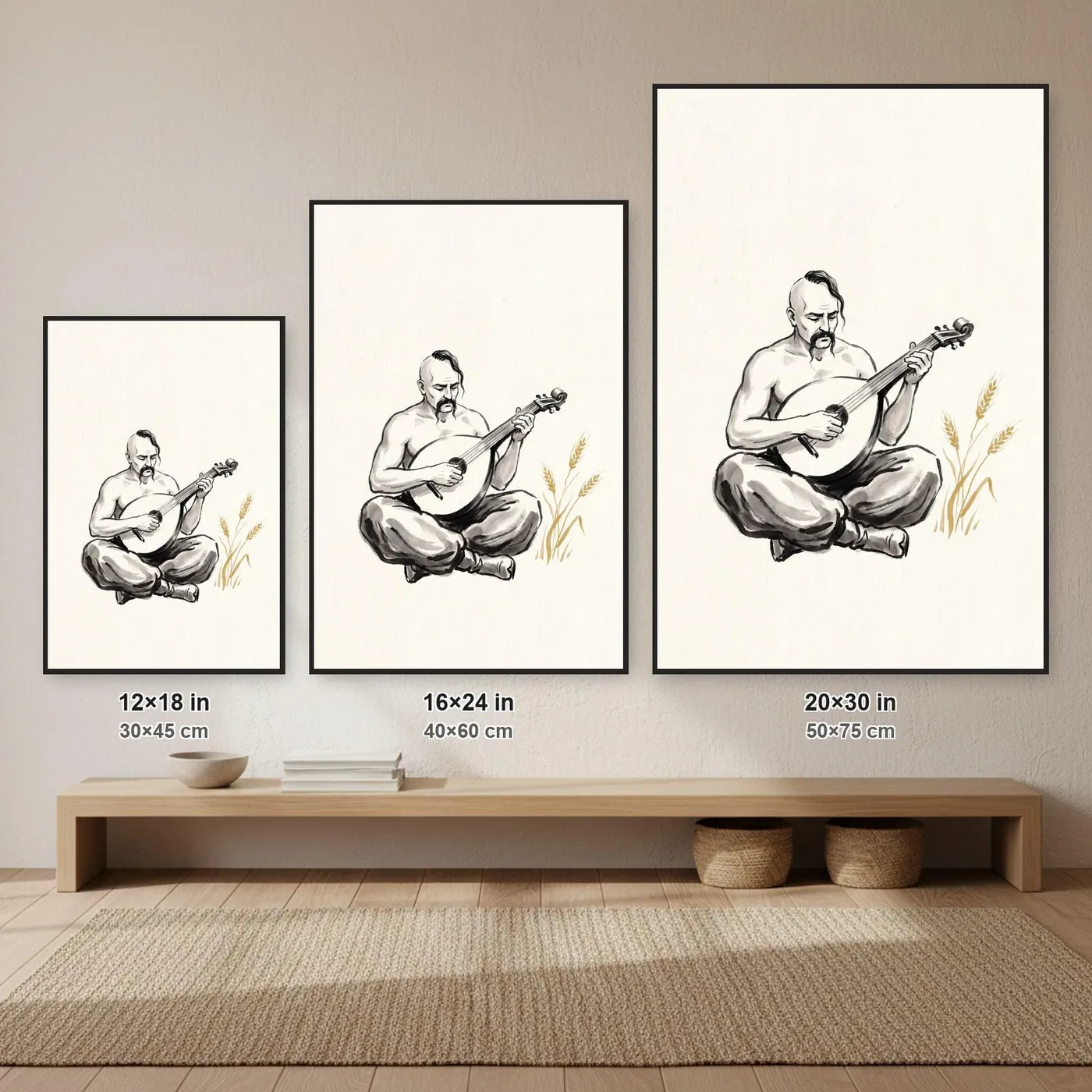 Ukrainian Wall Art | Mamai Cossack Sumi-e Ink Print | Black and White Ink Decor | A1 Ready Poster Print | Living Room Decor