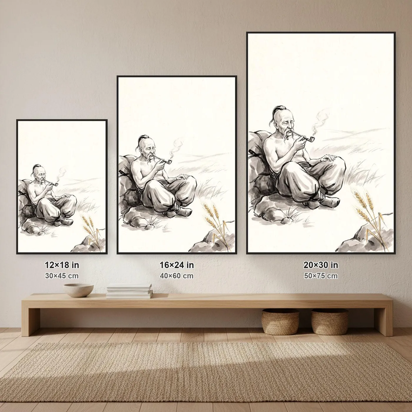 Ukrainian Wall Art | Cossack Pipe Sumi-e Ink Print | Black and White Ink Decor | A1 Ready Poster Print | Living Room Decor