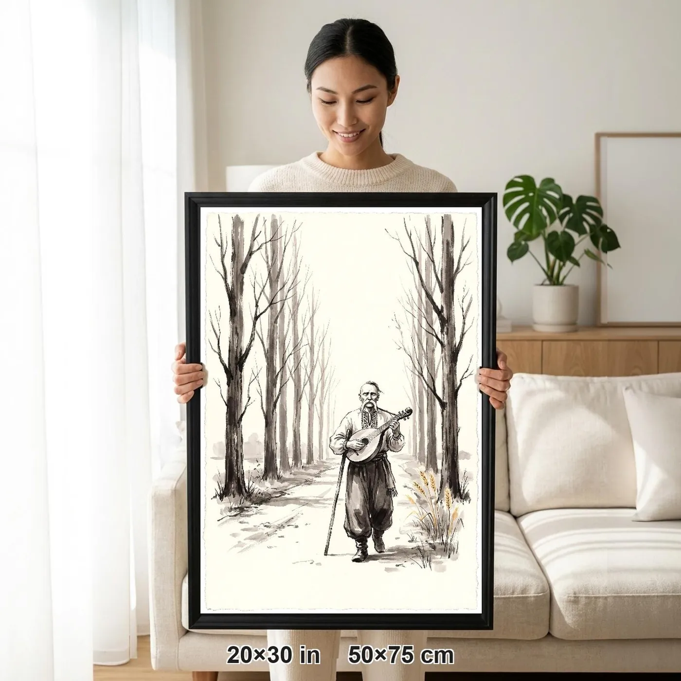 Framed Ukrainian Wall Art | Cossack Kobzar Road Sumi-e Ink Print | Black and White Ink Decor | A1 Ready Poster Print