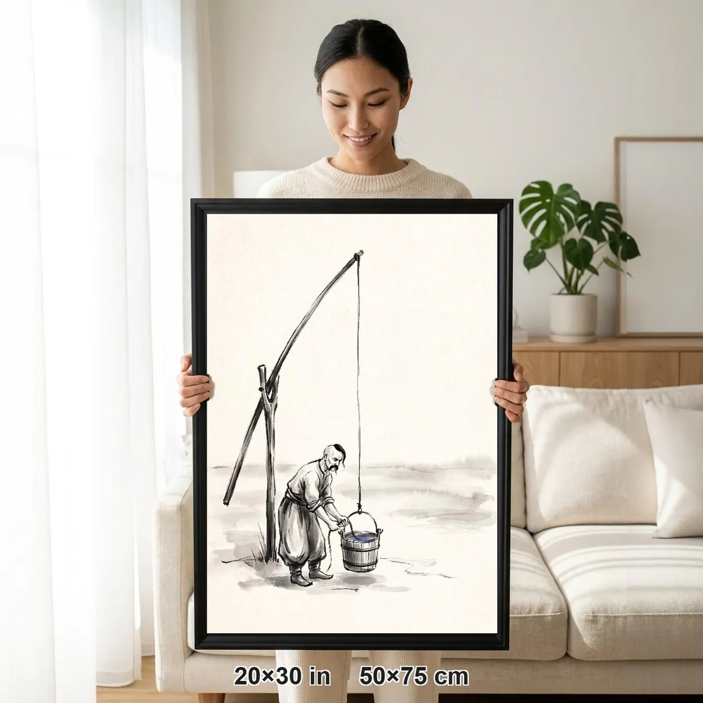 Framed Ukrainian Wall Art | Cossack Well Crane Sumi-e Ink Print | Black and White Ink Decor | A1 Ready Poster Print