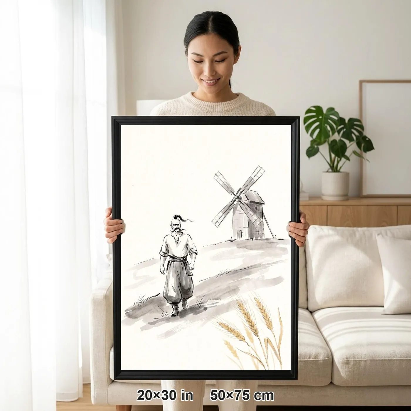 Framed Ukrainian Wall Art | Cossack Windmill Sumi-e Ink Print | Black and White Ink Decor | A1 Ready Poster Print