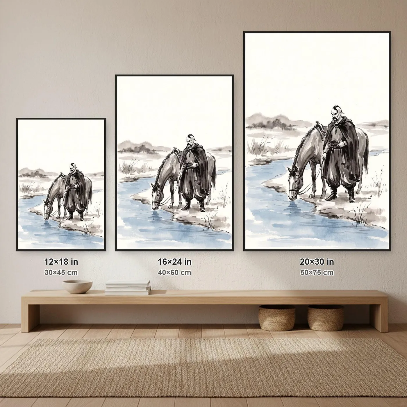 Ukrainian Wall Art | Cossack Horse River Sumi-e Ink Print | Black and White Ink Decor | A1 Ready Poster Print