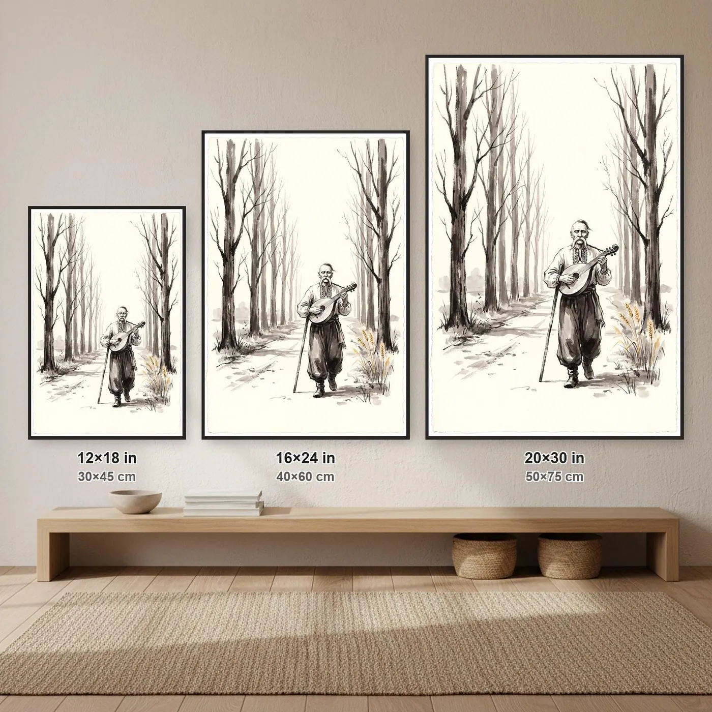 Ukrainian Wall Art | Cossack Kobzar Road Sumi-e Ink Print | Black and White Ink Decor | A1 Ready Poster Print