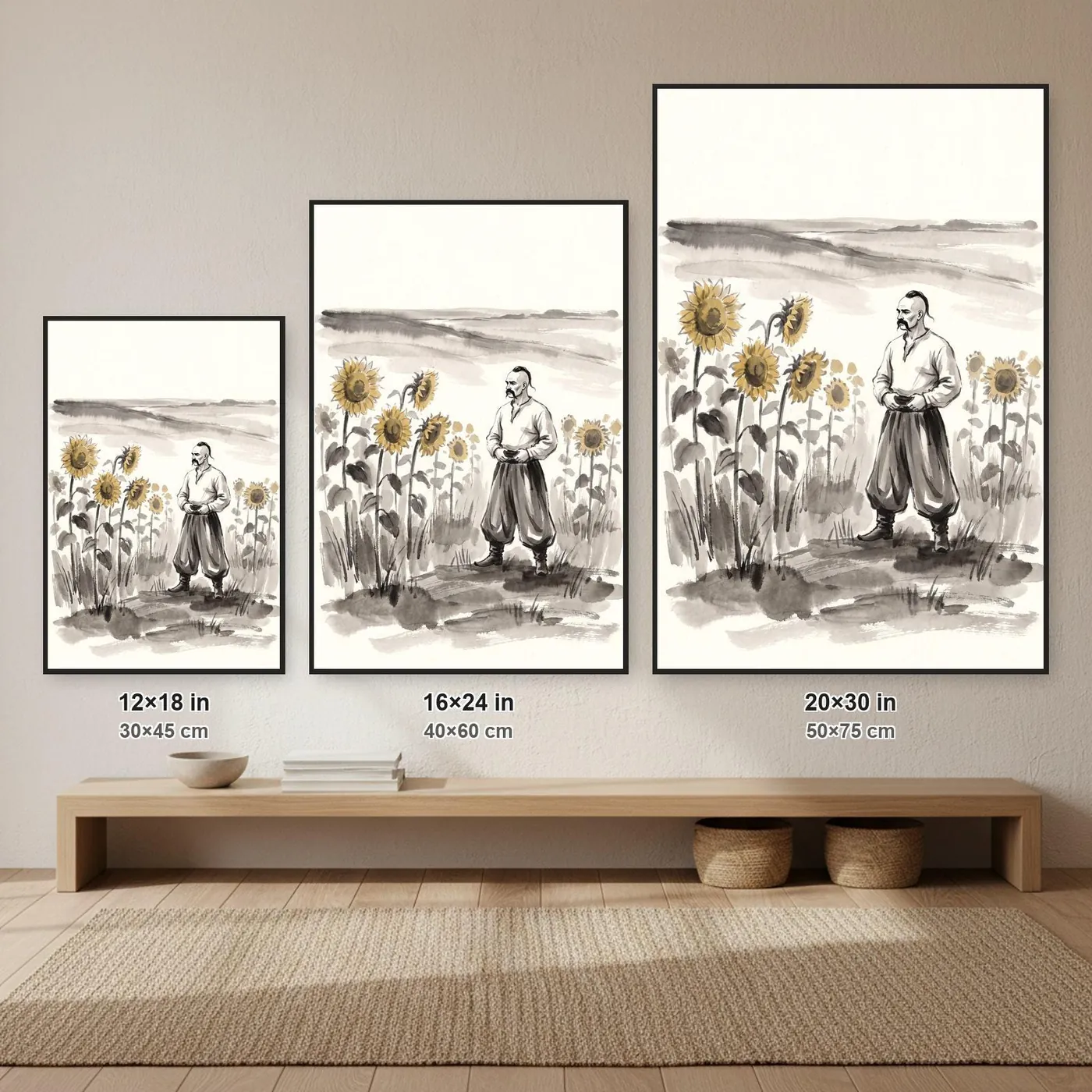 Ukrainian Wall Art | Sunflowers Cossack Sumi-e Ink Print | Black and White Ink Decor | A1 Ready Poster Print