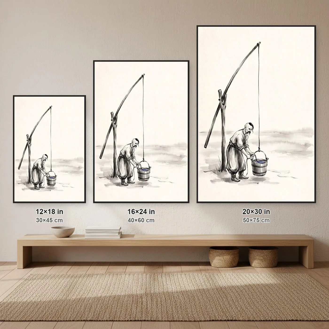 Ukrainian Wall Art | Cossack Well Crane Sumi-e Ink Print | Black and White Ink Decor | A1 Ready Poster Print