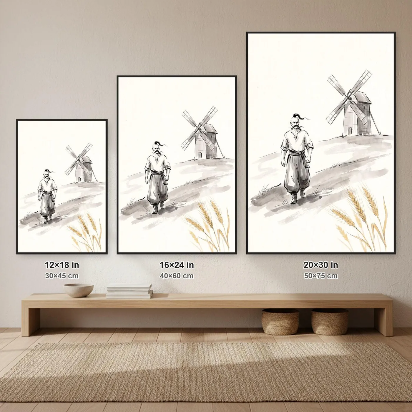 Ukrainian Wall Art | Cossack Windmill Sumi-e Ink Print | Black and White Ink Decor | A1 Ready Poster Print