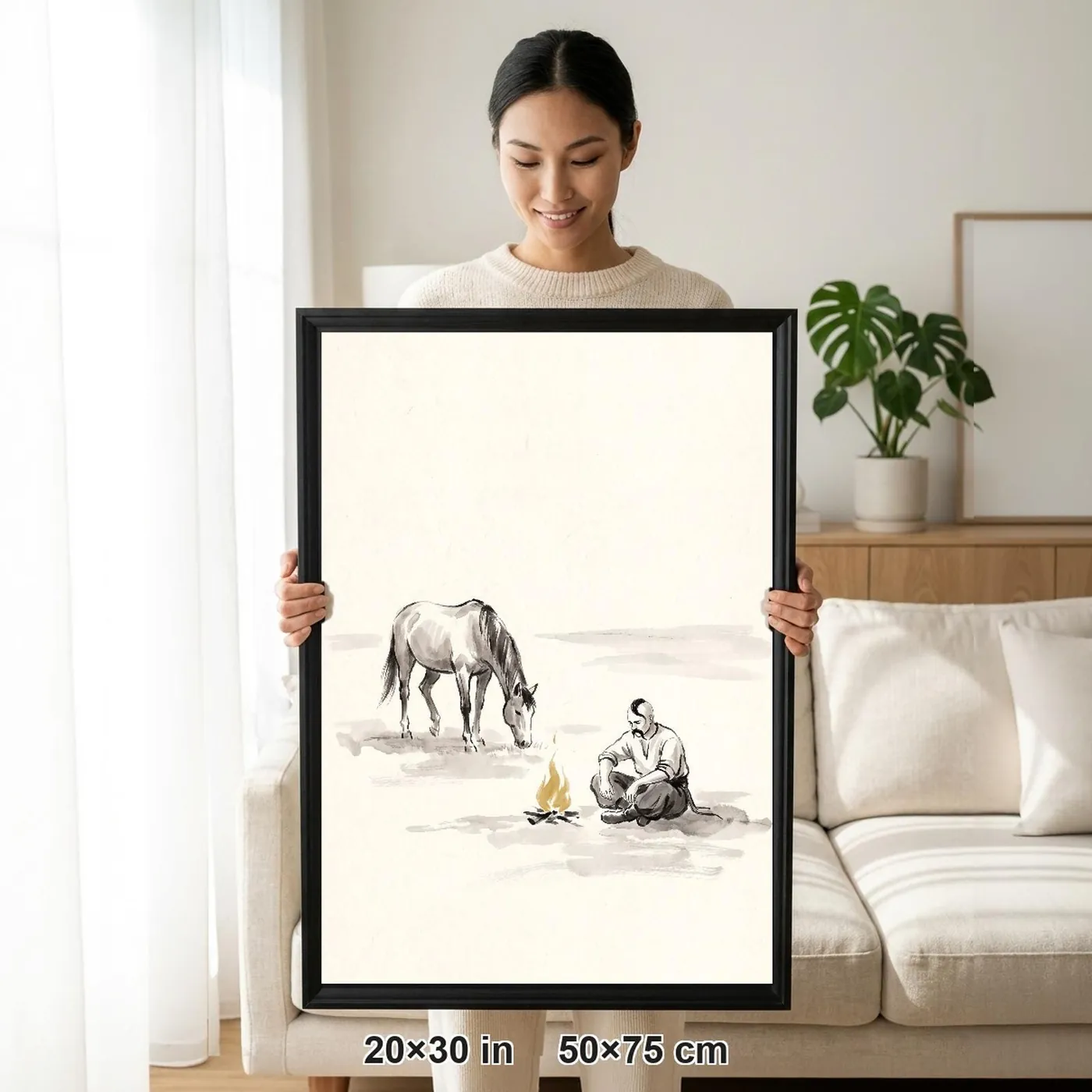 Framed Ukrainian Wall Art | Cossack Campfire Sumi-e Ink Print | Black and White Ink Decor | A1 Ready Poster Print