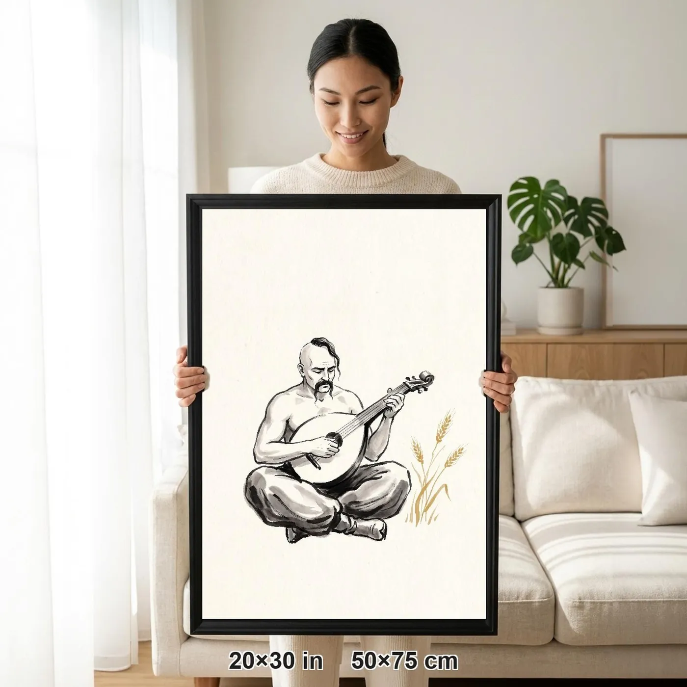 Framed Ukrainian Wall Art | Cossack Mamai Sumi-e Ink Print | Black and White Ink Decor | A1 Ready Poster Print