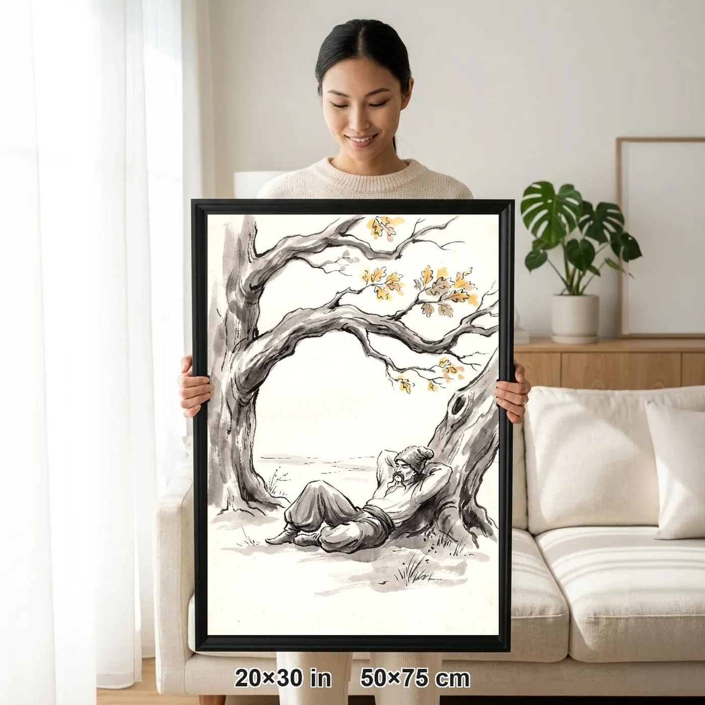 Framed Ukrainian Wall Art | Cossack Oak Sleep Sumi-e Ink Print | Black and White Ink Decor | A1 Ready Poster Print