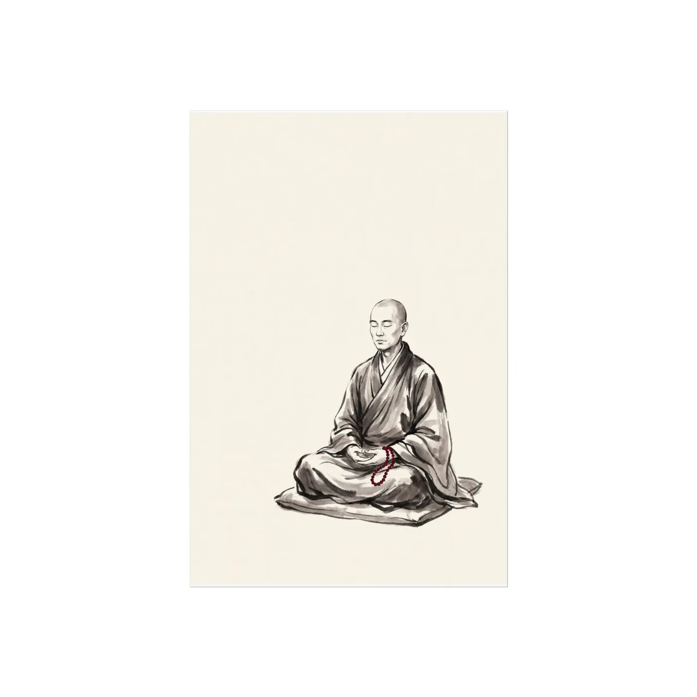 Japanese Wall Art | Meditation Monk Sumi-e Ink Print | Black and White Zen Decor | A1 Ready Poster Print | Living Room Decor