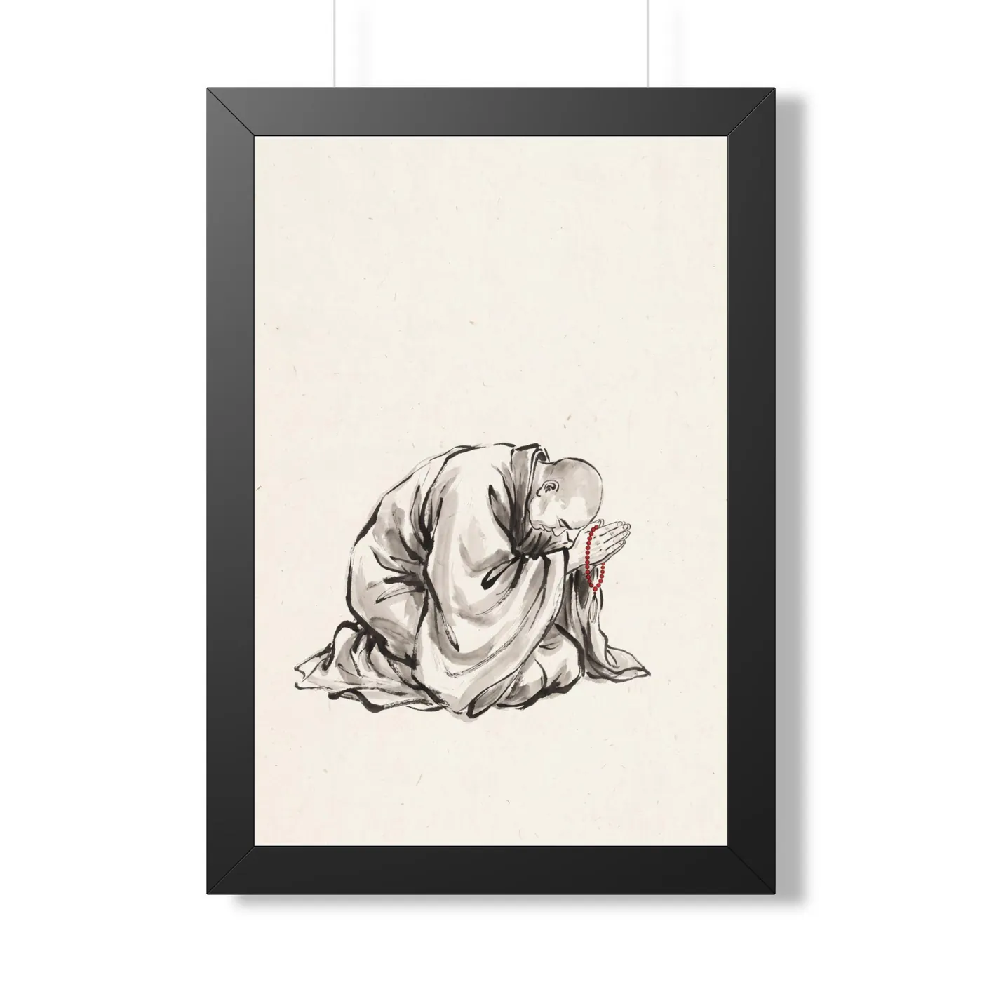 Framed Japanese Wall Art | Monk Bow Pray Sumi-e Ink Print | Black and White Zen Decor | A1 Ready Poster Print