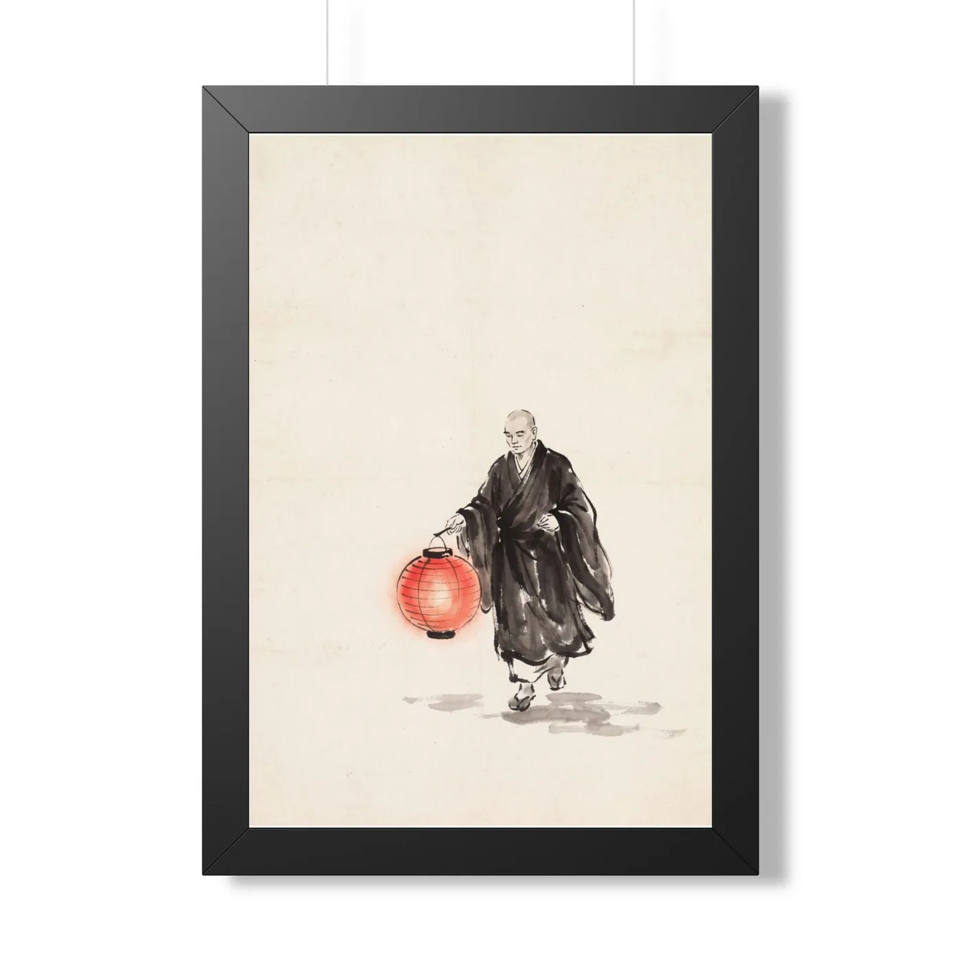 Framed Japanese Wall Art | Monk Lantern Sumi-e Ink Print | Black and White Zen Decor | A1 Ready Poster Print