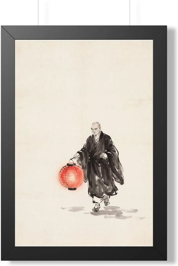 Framed Japanese Wall Art | Monk Lantern Sumi-e Ink Print | Black and White Zen Decor | A1 Ready Poster Print