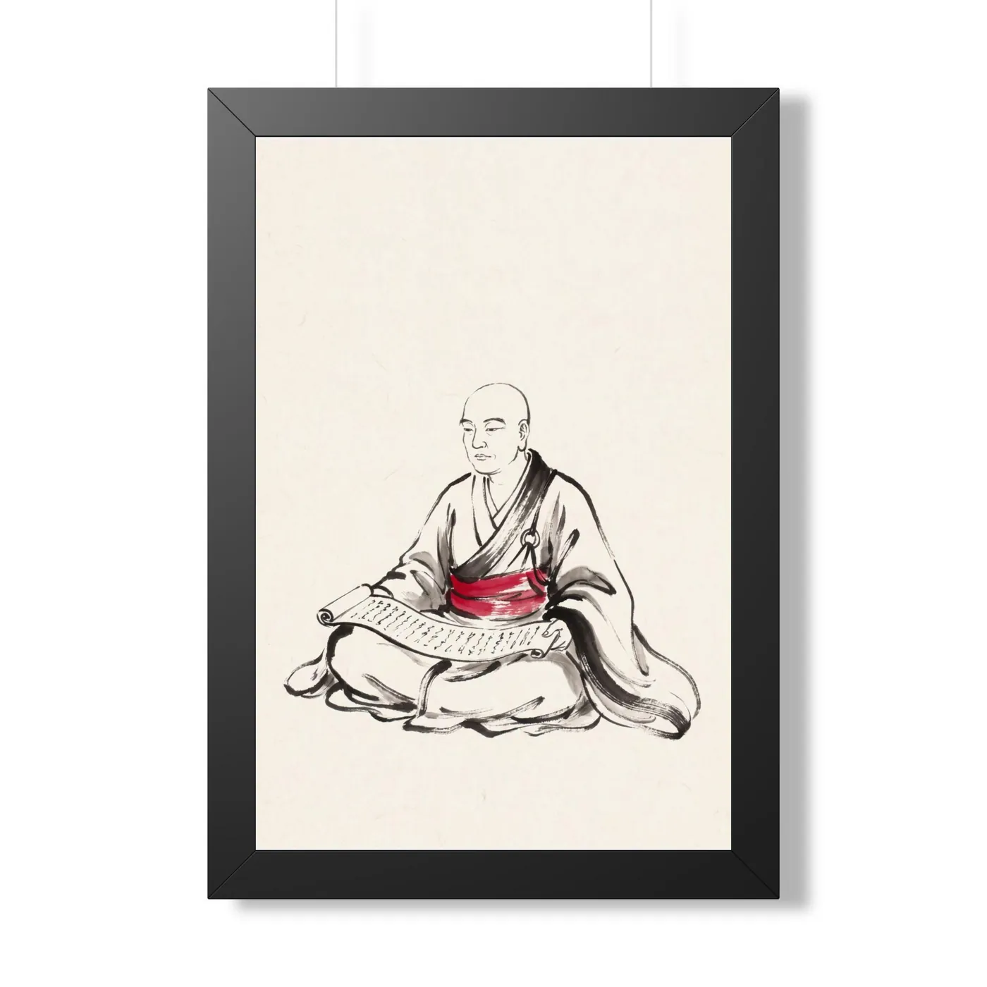 Framed Japanese Wall Art | Monk Reading Sutra Sumi-e Ink Print | Black and White Zen Decor | A1 Ready Poster Print