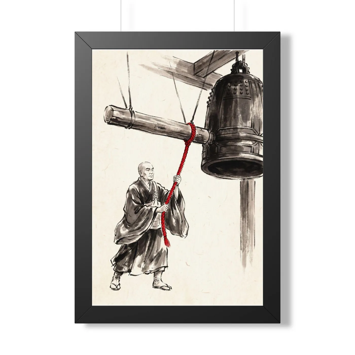 Framed Japanese Wall Art | Monk Temple Bell Sumi-e Ink Print | Black and White Zen Decor | A1 Ready Poster Print