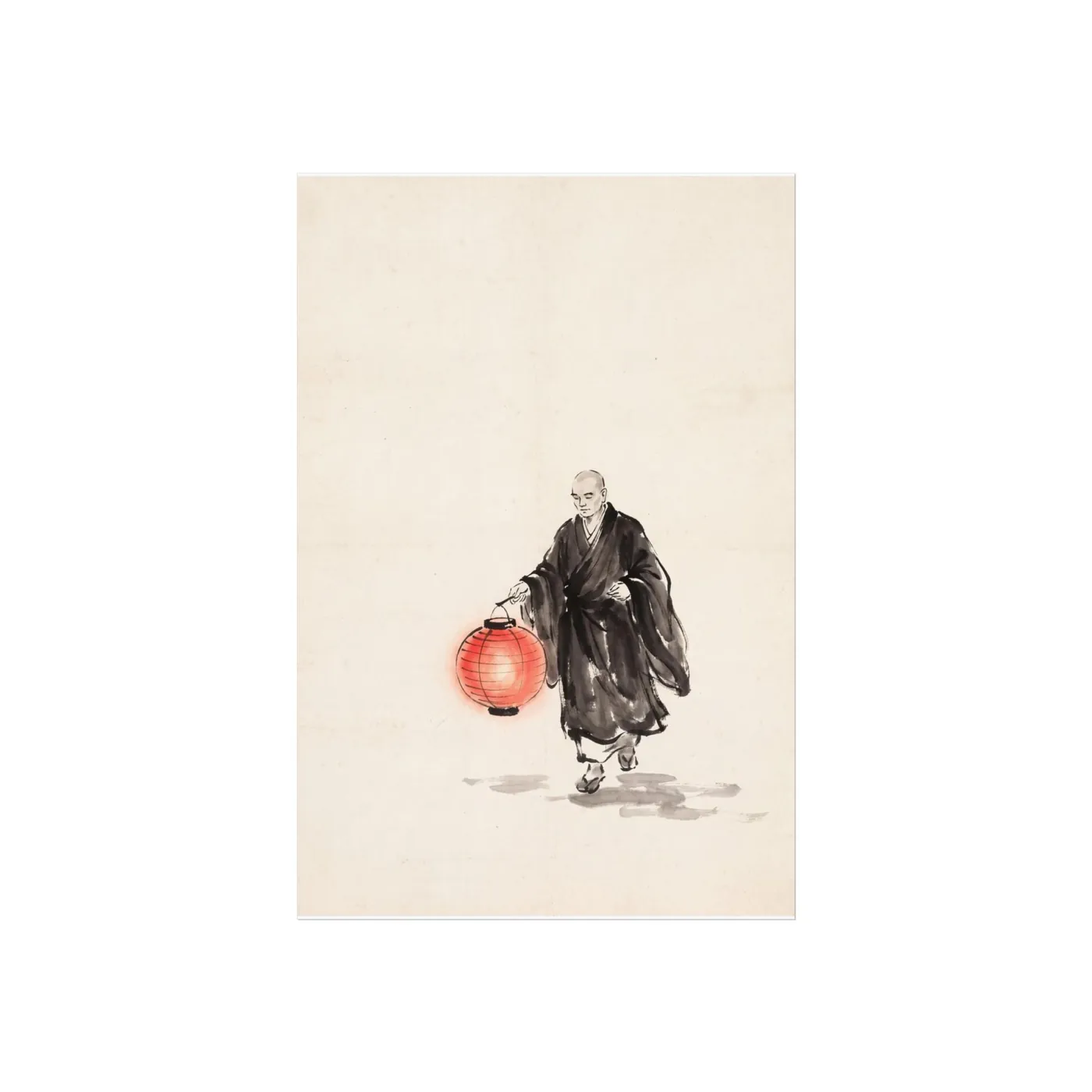 Japanese Wall Art | Serene Monk Lantern Sumi-e Ink Print | Black and White Zen Decor | A1 Ready Poster Print