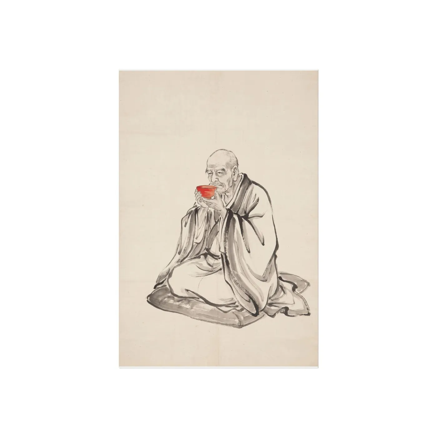 Japanese Wall Art | Serene Monk Tea Sumi-e Ink Print | Black and White Zen Decor | A1 Ready Poster Print | Living Room Decor