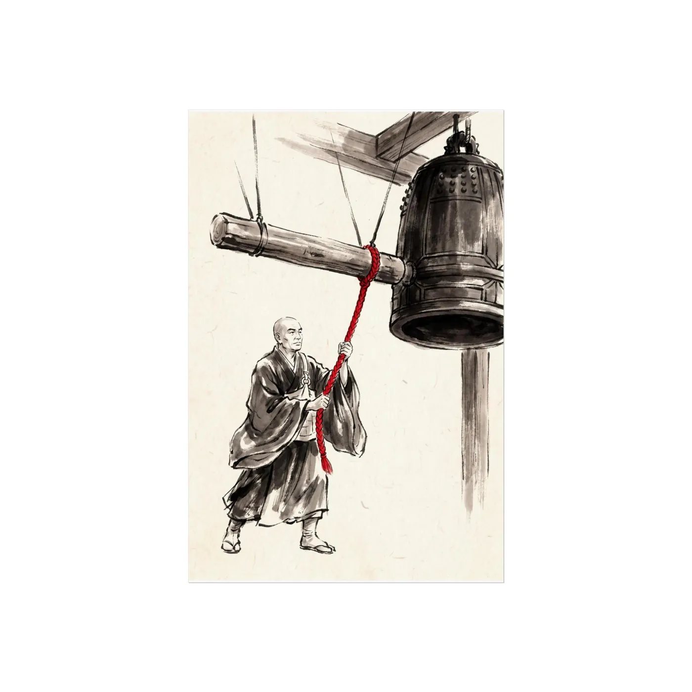 Japanese Wall Art | Temple Bell Monk Sumi-e Ink Print | Black and White Zen Decor | A1 Ready Poster Print