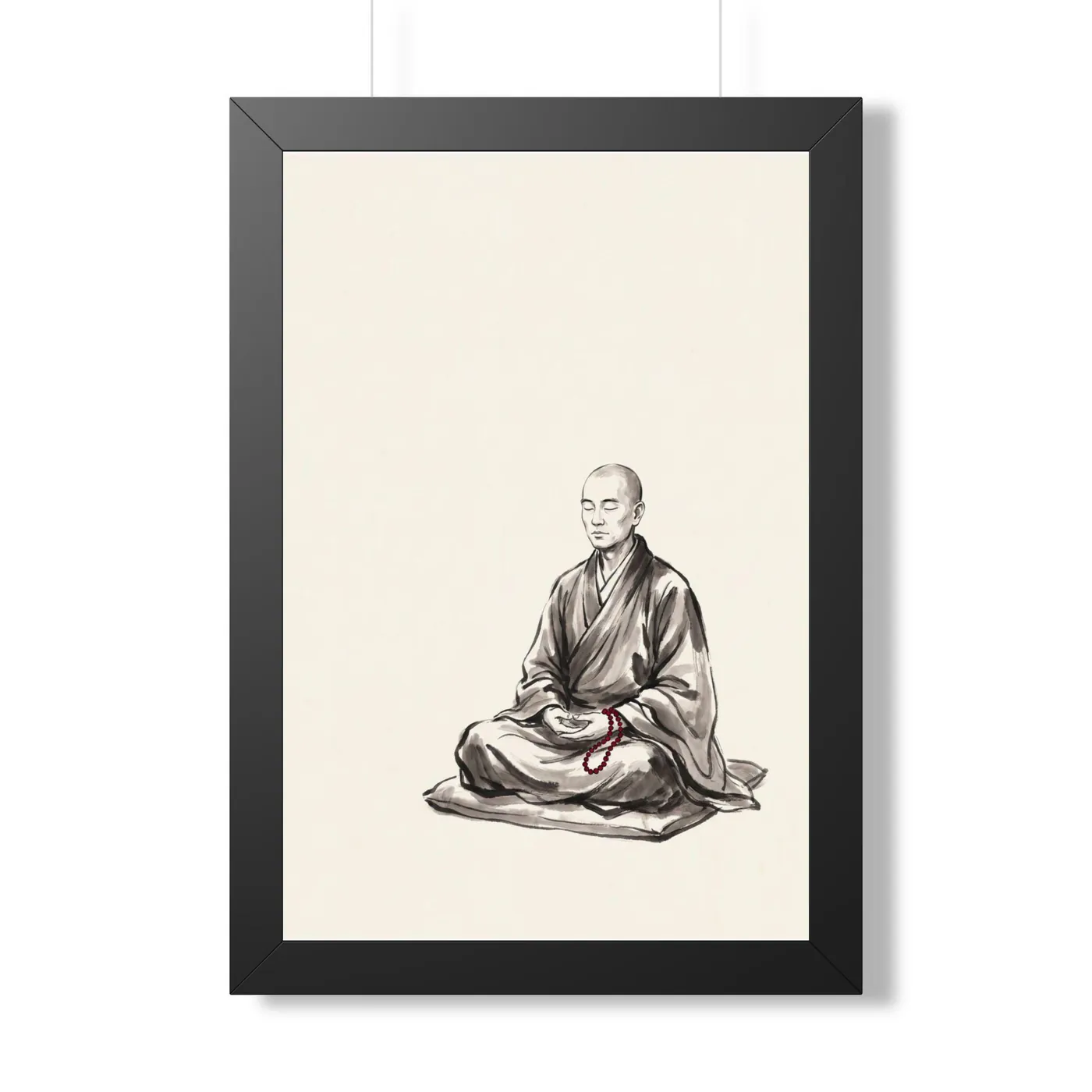 Framed Japanese Wall Art | Monk Meditate Sumi-e Ink Print | Black and White Zen Decor | A1 Ready Poster Print