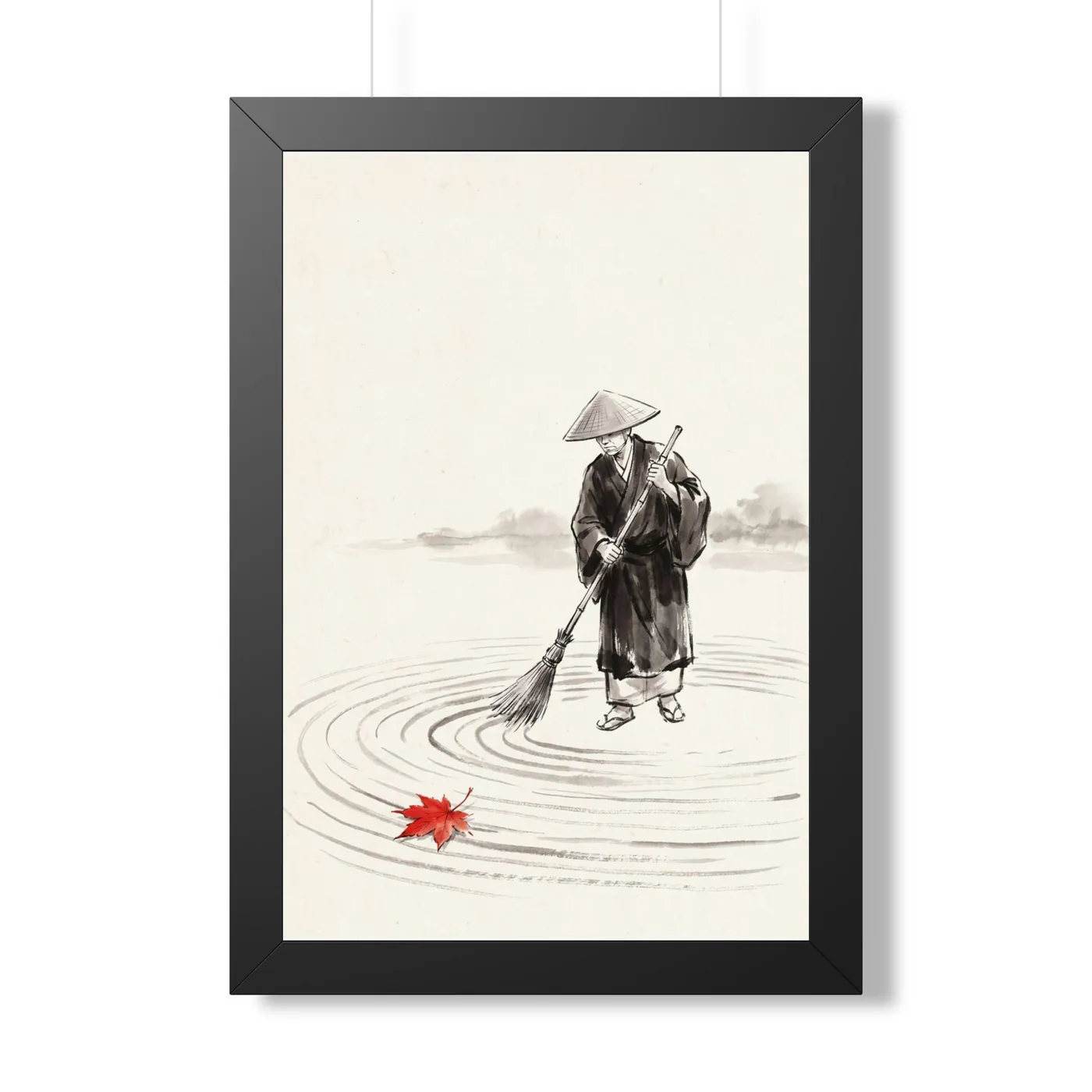 Framed Japanese Wall Art | Monk Sweeping Sumi-e Ink Print | Black and White Zen Decor | A1 Ready Poster Print