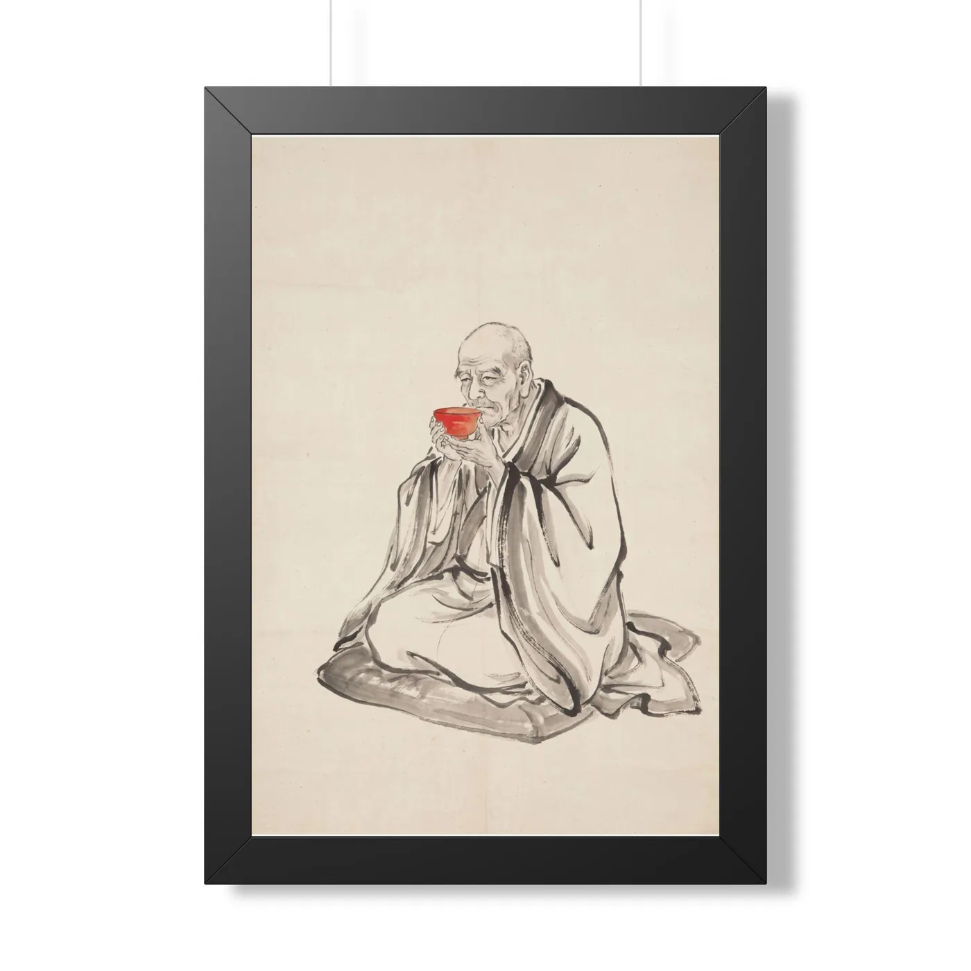Framed Japanese Wall Art | Monk Tea Sumi-e Ink Print | Black and White Zen Decor | A1 Ready Poster Print | Living Room Decor